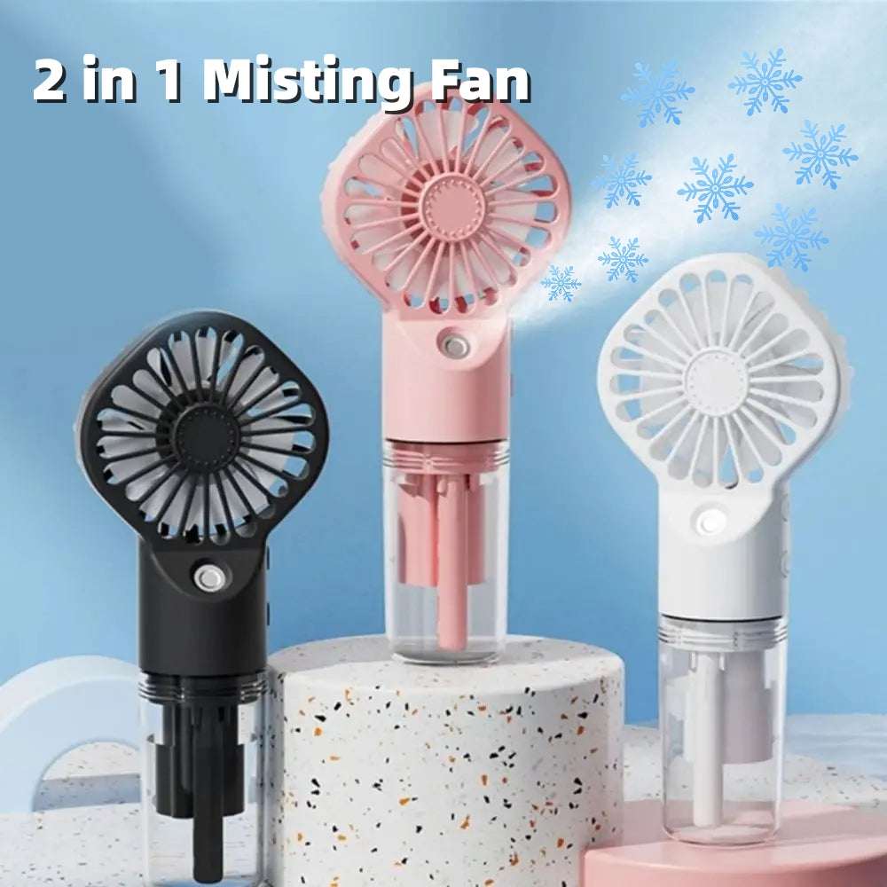 Portable mist humidifier fan set in black, pink, and white with nozzle heads