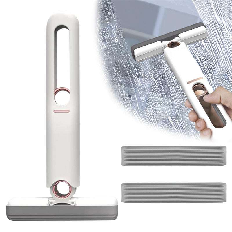 Mini sponge squeeze mop with white vertical handle base and gray ribbed pads
