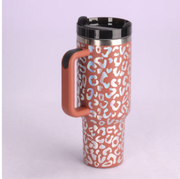 40oz insulated tumbler with handle and straw, orange leopard pattern