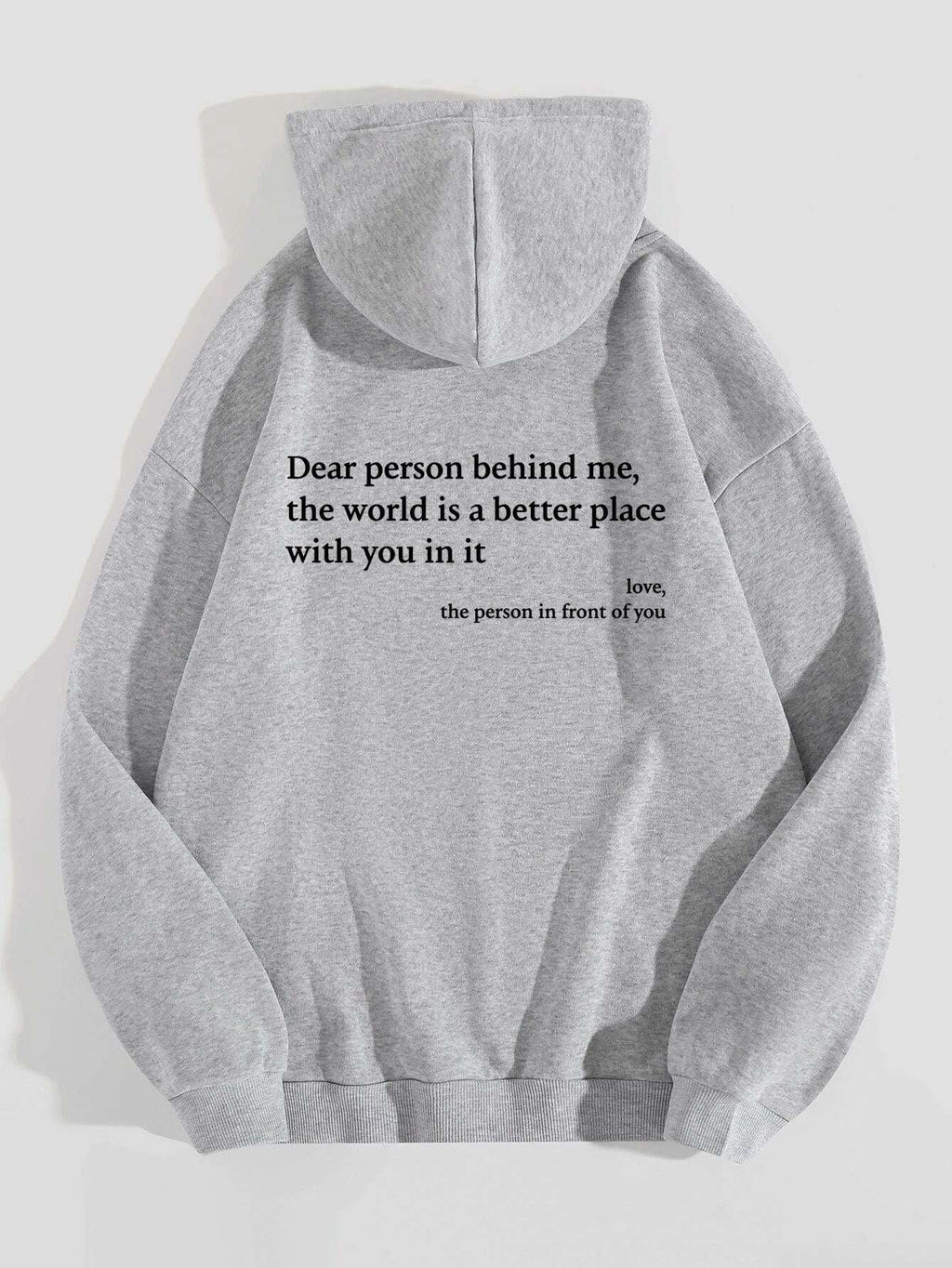 Gray plush hoodie with drawstring hood, kangaroo pocket, and letter print on back