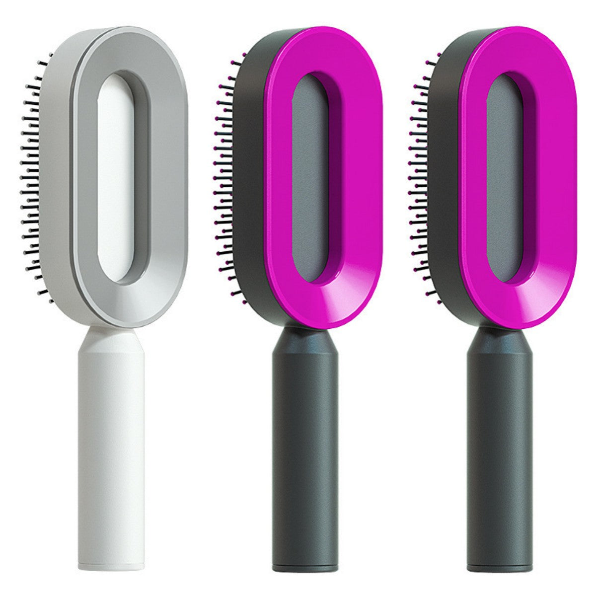 Self-cleaning hair brush set with oval bristle pads: light gray and purple on white and dark handles