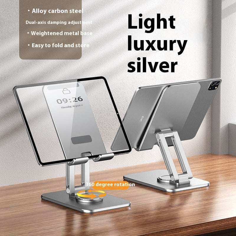 Folding rotatable tablet stand with aluminum alloy base, silver
