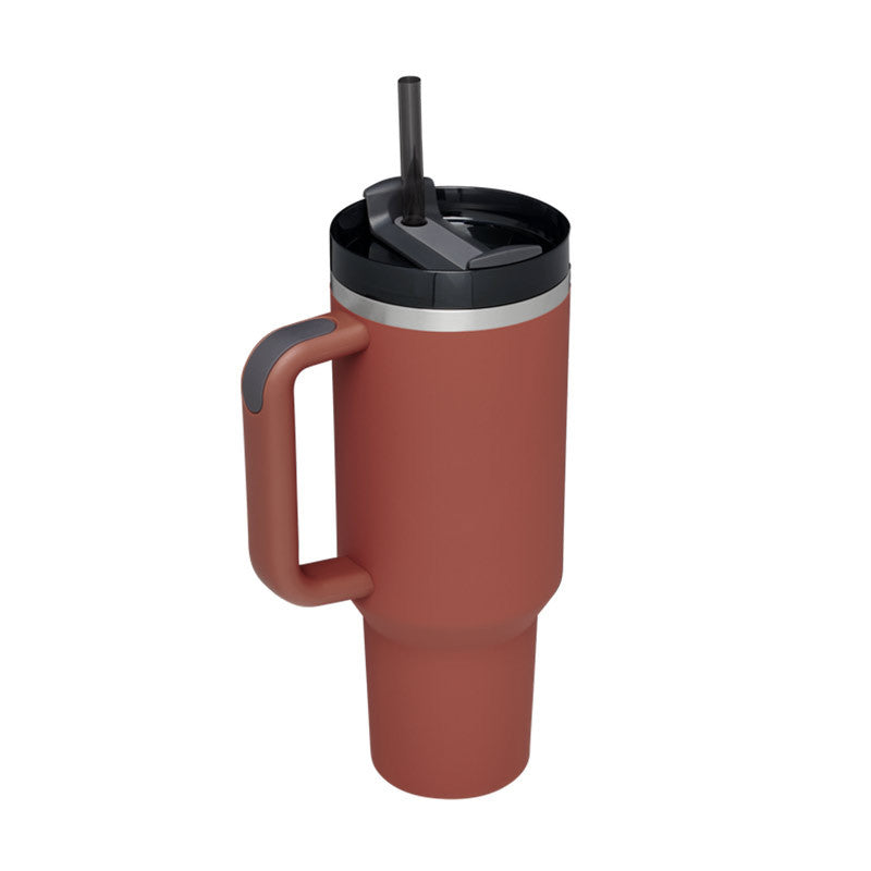 40oz insulated tumbler with handle and straw, rust brown with black straw lid