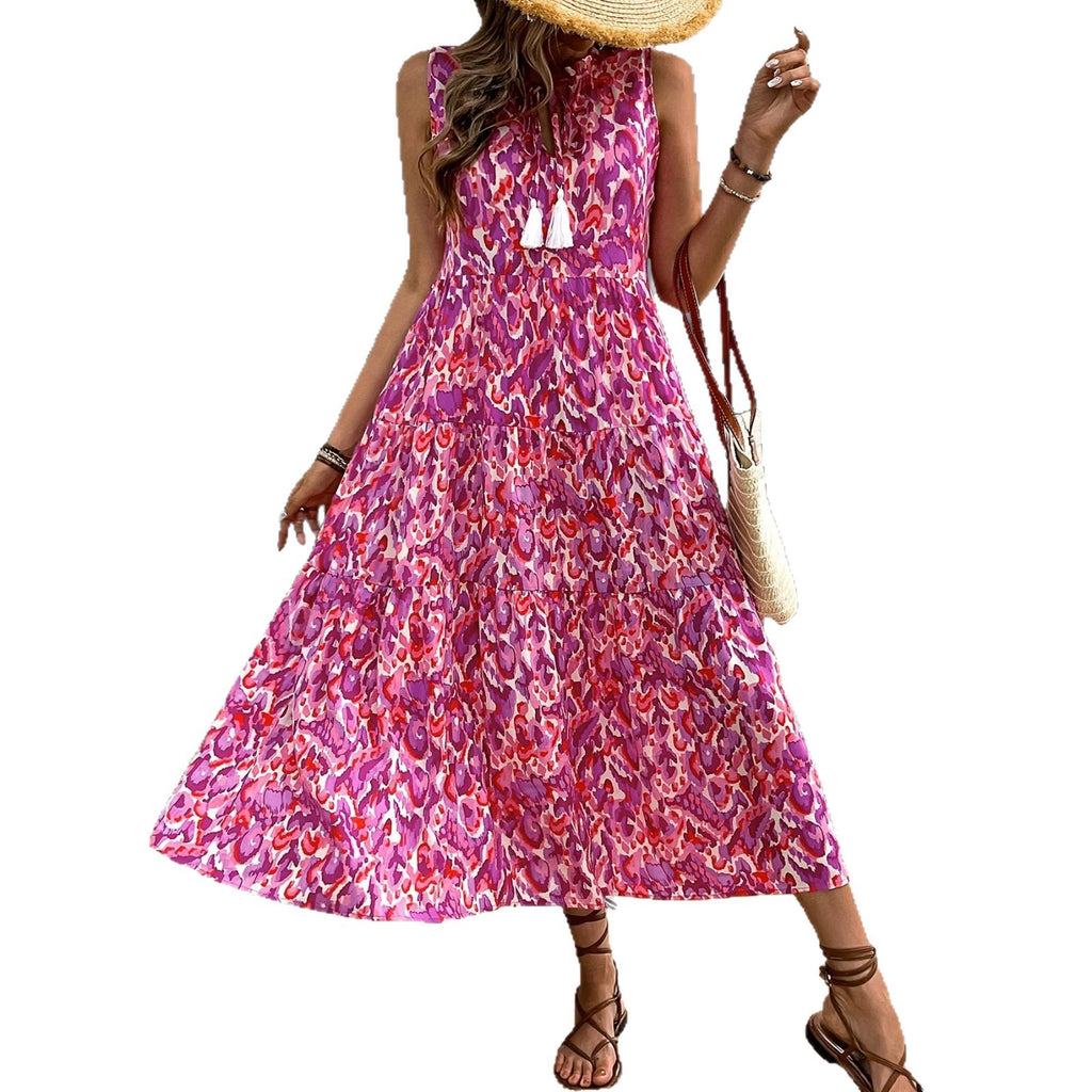 Sleeveless V-neck tassel abstract-print dress, magenta and pink tiered midi skirt