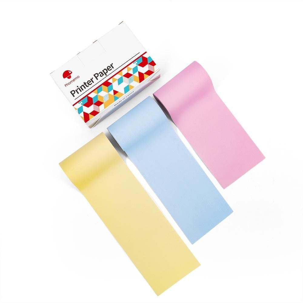 Color thermal label printer paper rolls in pastel pink, blue, and yellow