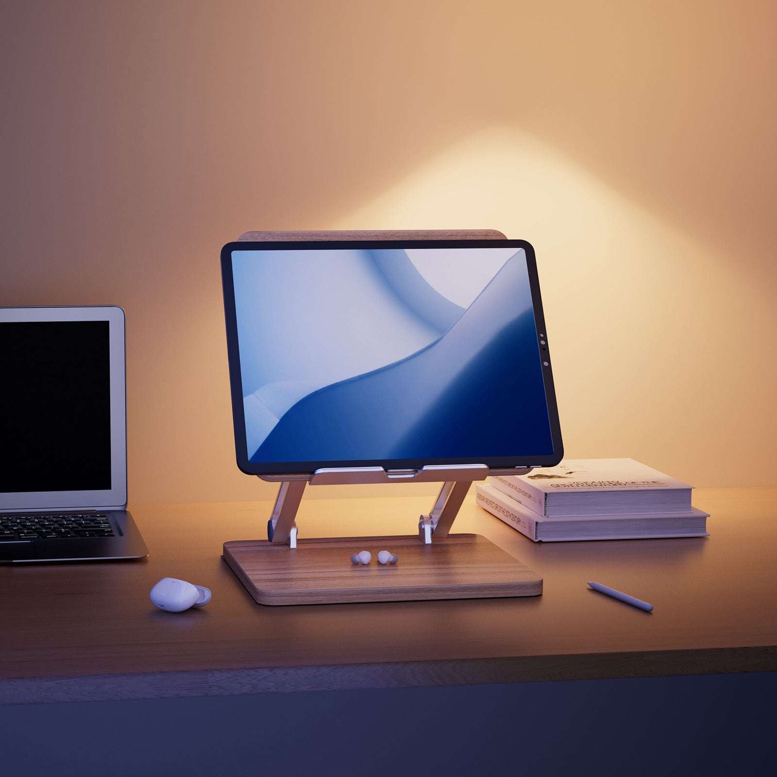 Desktop elevated phone stand with dark wood base and tablet placed on top