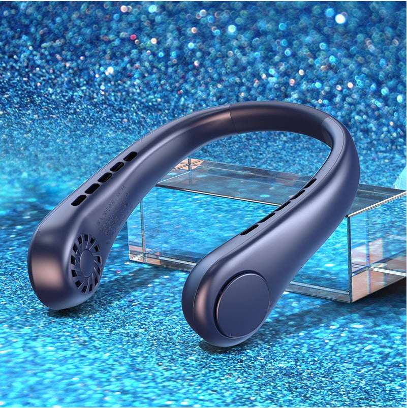 Dark blue bladeless portable neck fan with arched ring and dark control pad