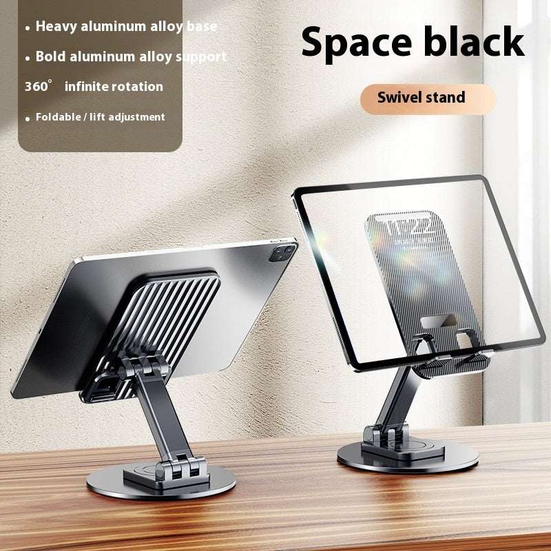 Space black desktop swivel tablet stand with metal base and foldable arms