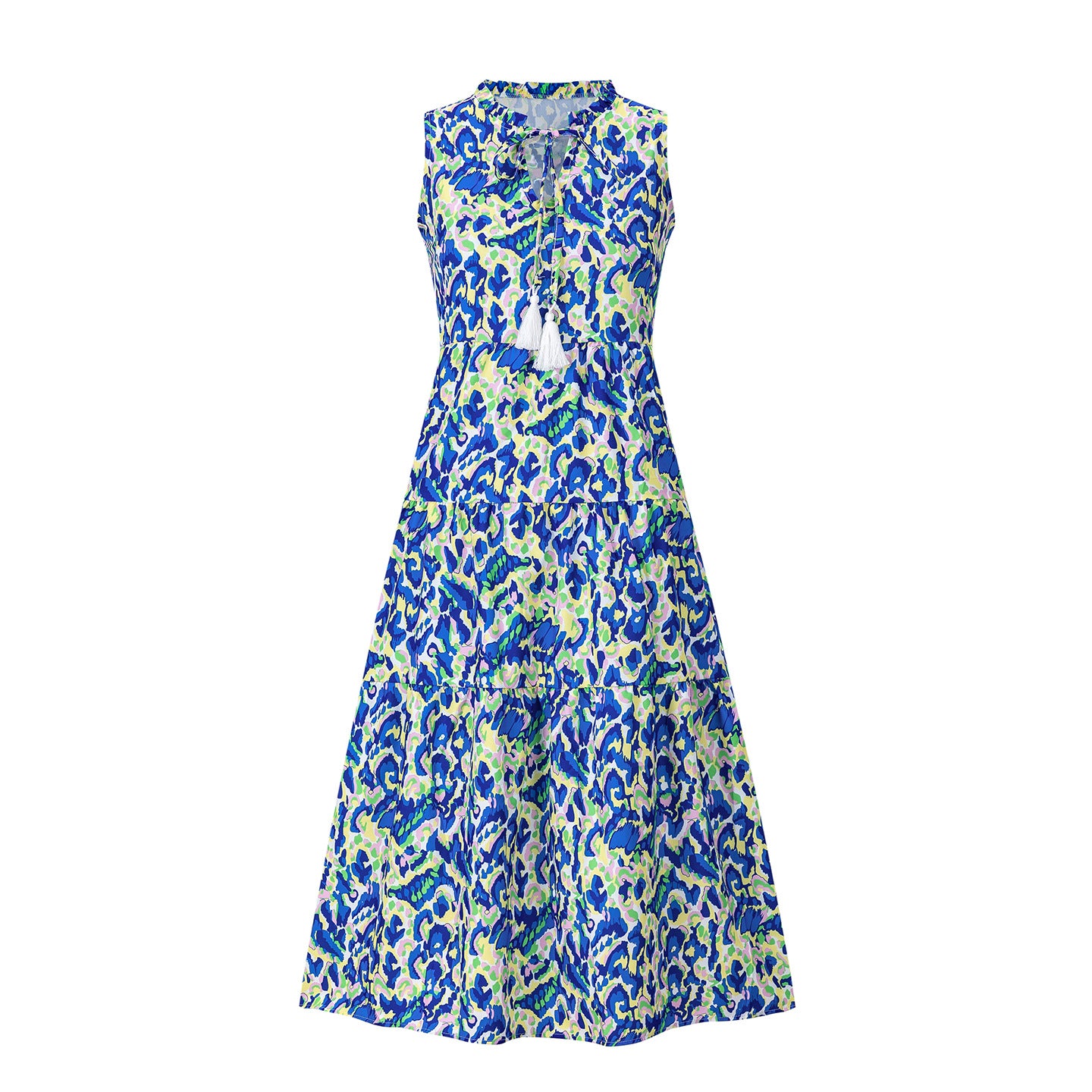 Sleeveless V-neck abstract-print dress in blue and yellow with full skirt