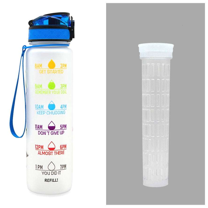 1L motivational water bottle with time marker text, white body, blue cap and strap