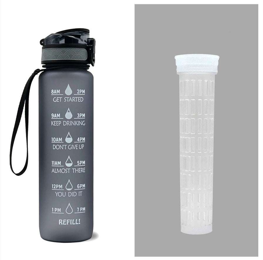 Motivational water bottle with time markers, dark gray body, flip lid, and carry loop
