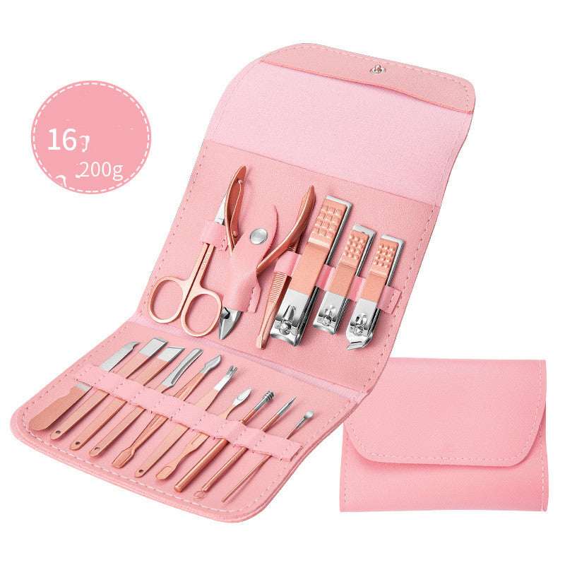 Nail care tool set in pink roll-up case with clippers, scissors, and grooming tools