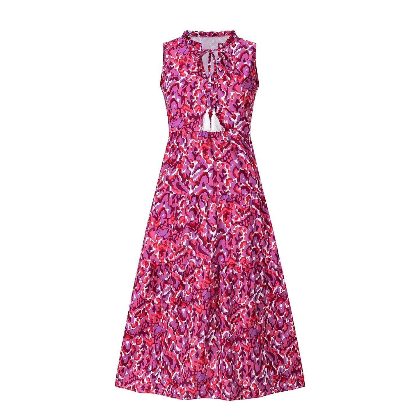 Sleeveless V-neck tassel abstract-print dress, magenta and pink sleeveless tiered skirt