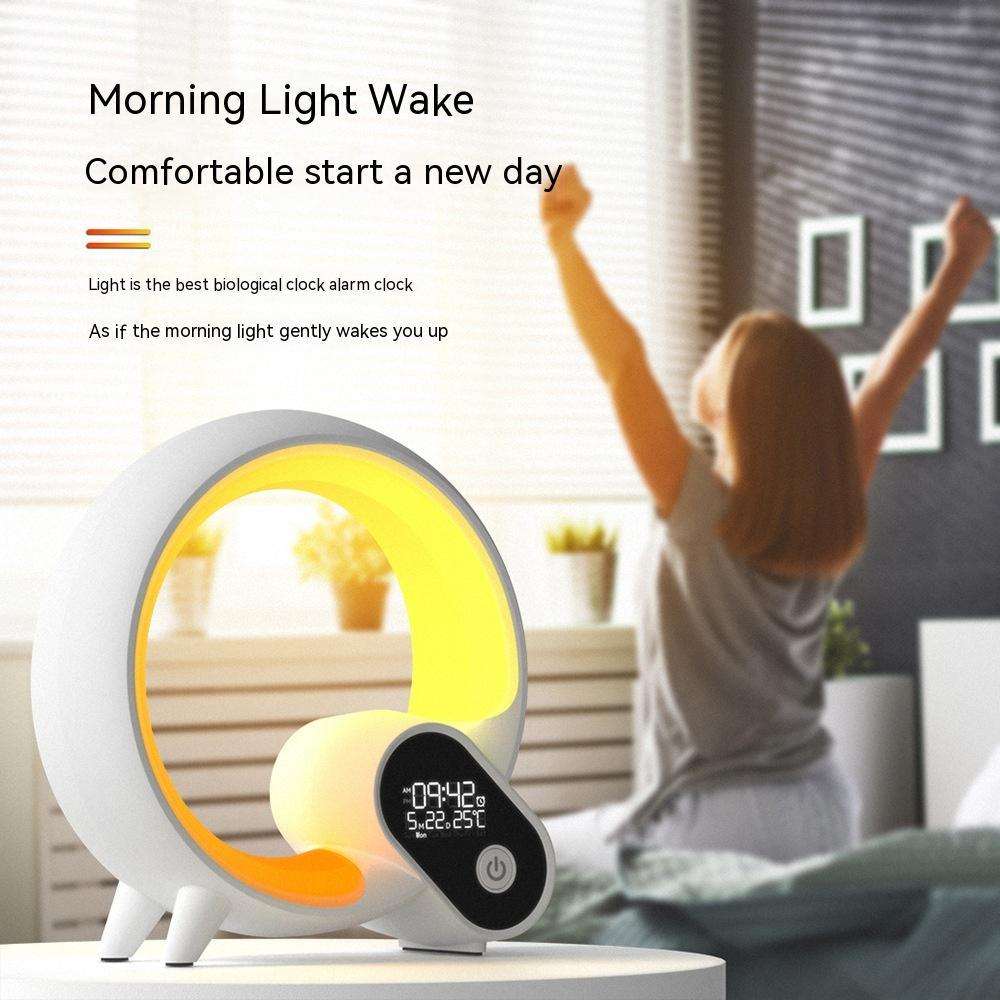 Alarm clock lamp with warm yellow light ring, white body, and digital time screen