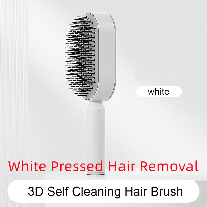 Self-cleaning hair brush with white handle and oval bristle pad