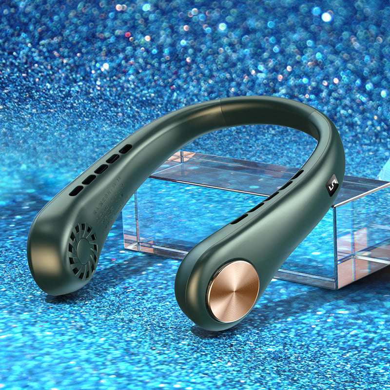 Bladeless portable neck fan in green with vent openings along the arched ring