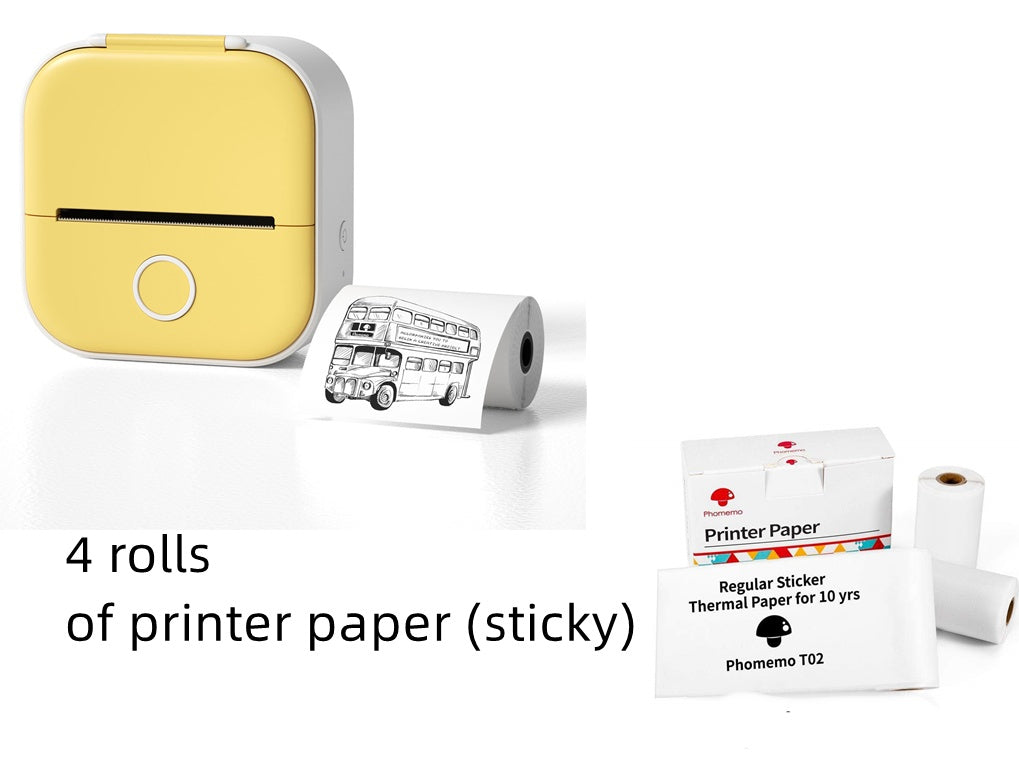 Portable mini thermal label printer with yellow body and four rolls of sticky printer paper.
