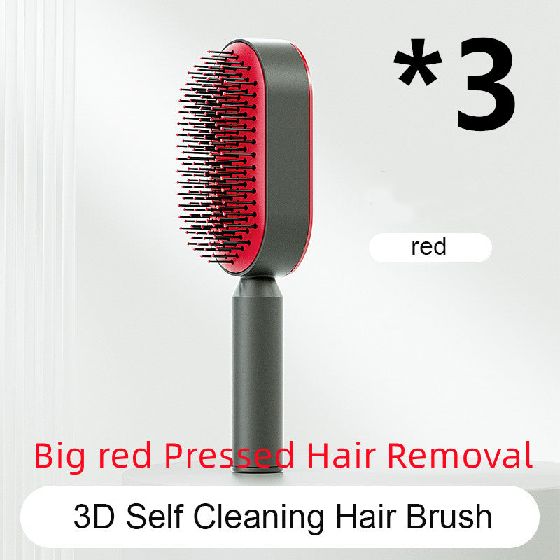 Self-cleaning hair brush with red-tipped bristles on dark handle and red base