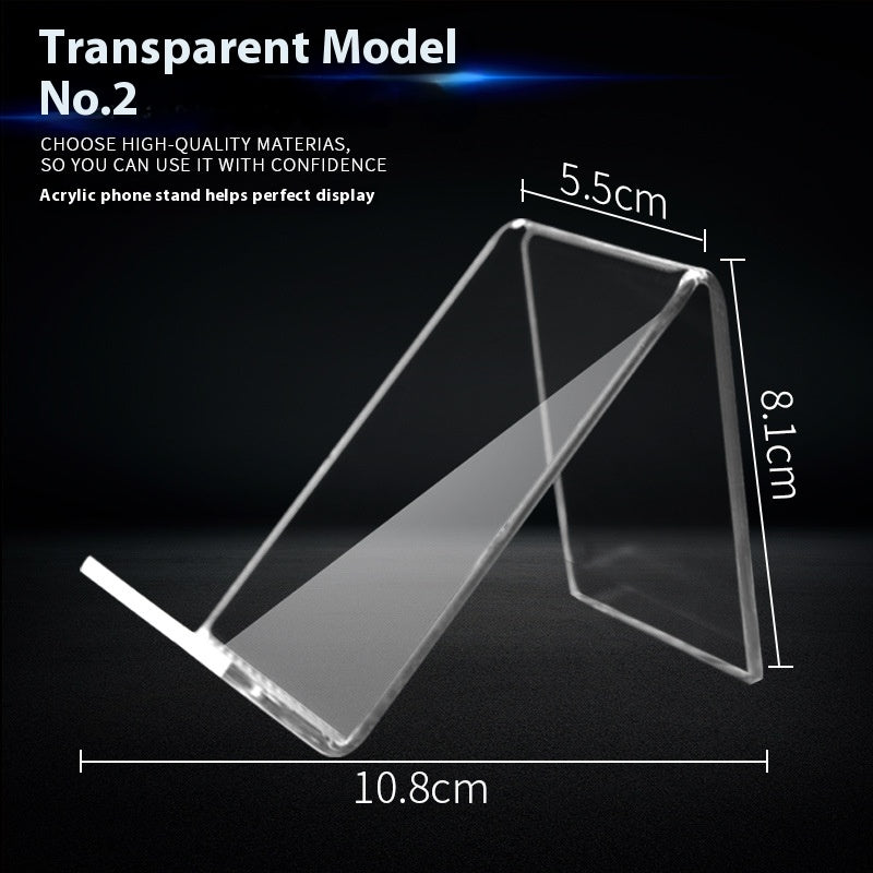 Clear acrylic phone stand with wide slanted back and flat base