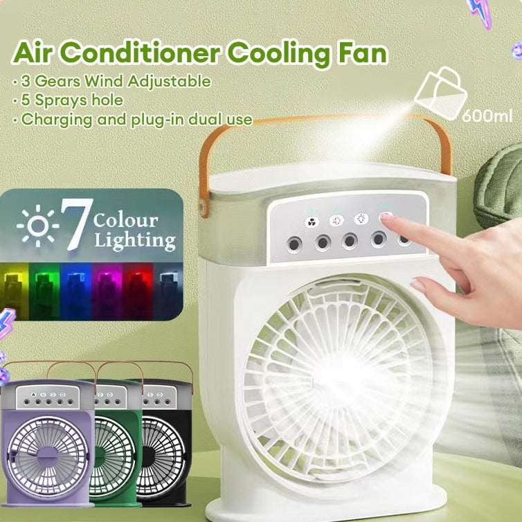 Portable USB air conditioner cooling fan, white with orange handle and front grille