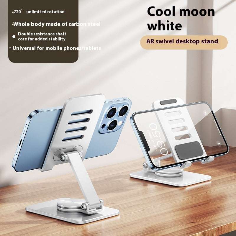 Cool gray-white desktop swivel stand with metal legs and phone/tablet cradle