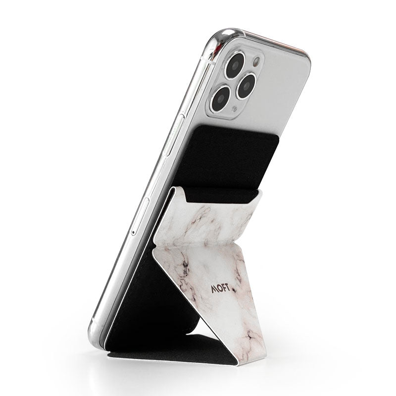 Mobile phone folding stand with white marble fabric insert