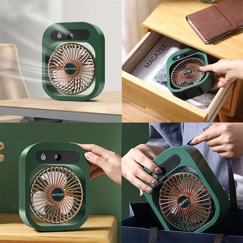 Portable misting air cooler fan, green body with grille visible while being positioned