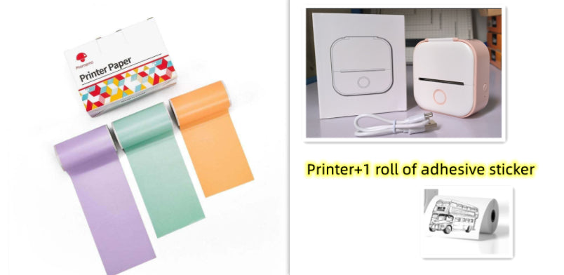 White mini thermal label printer with colorful roll paper and small label strip