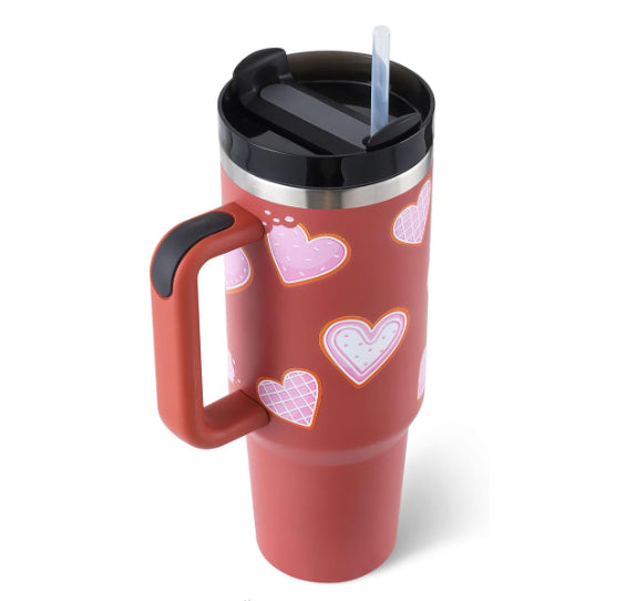40oz insulated tumbler with handle and straw, rust red with heart accents