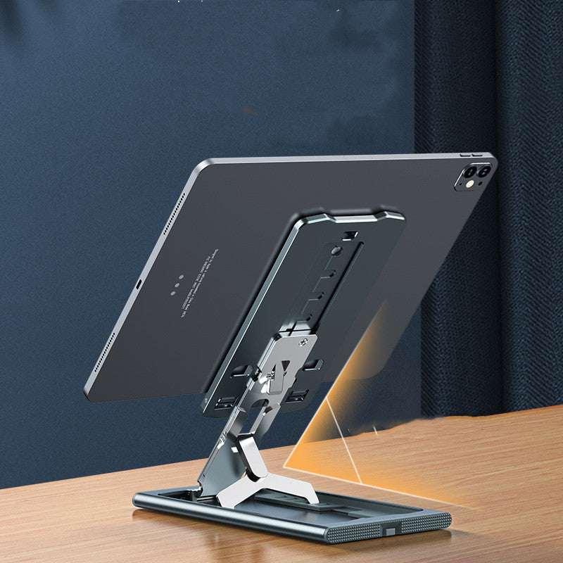 Adjustable aluminum phone stand with clamp cradle holding a smartphone