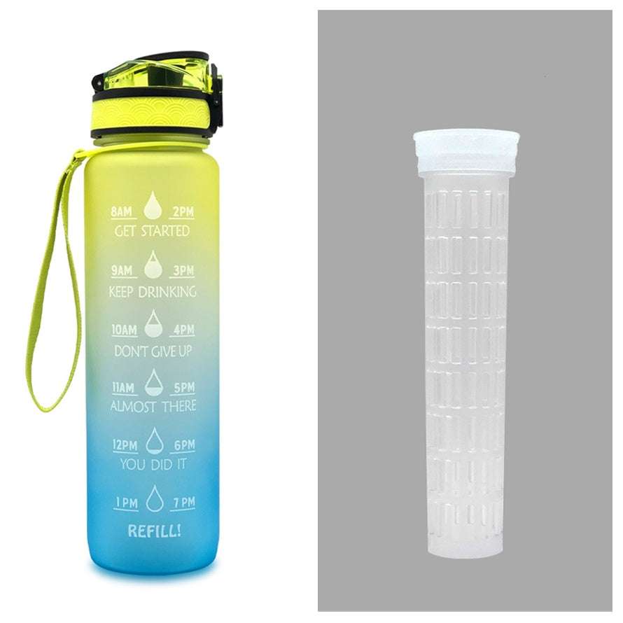 1L motivational water bottle with time marker, yellow-to-blue gradient body, lime lid