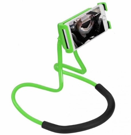 Green flexible phone neck stand with curved base and smartphone holder