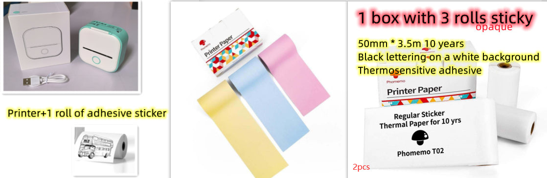Pink mini thermal label printer with pastel roll label paper and label strip