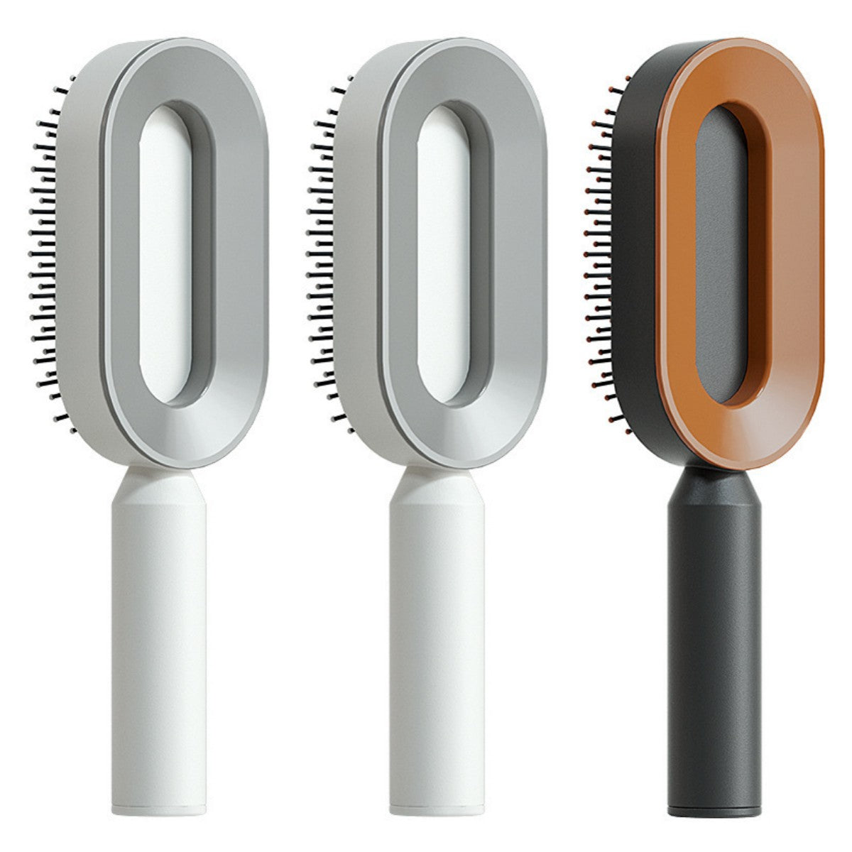 Self-cleaning hair brush set with oval bristle pads: light gray, light gray, and tan