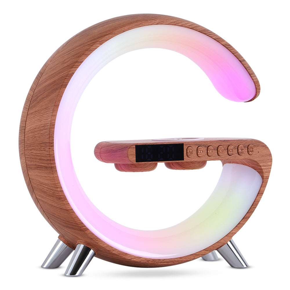 Wooden G-shaped LED Bluetooth lamp with glowing pink circular ring