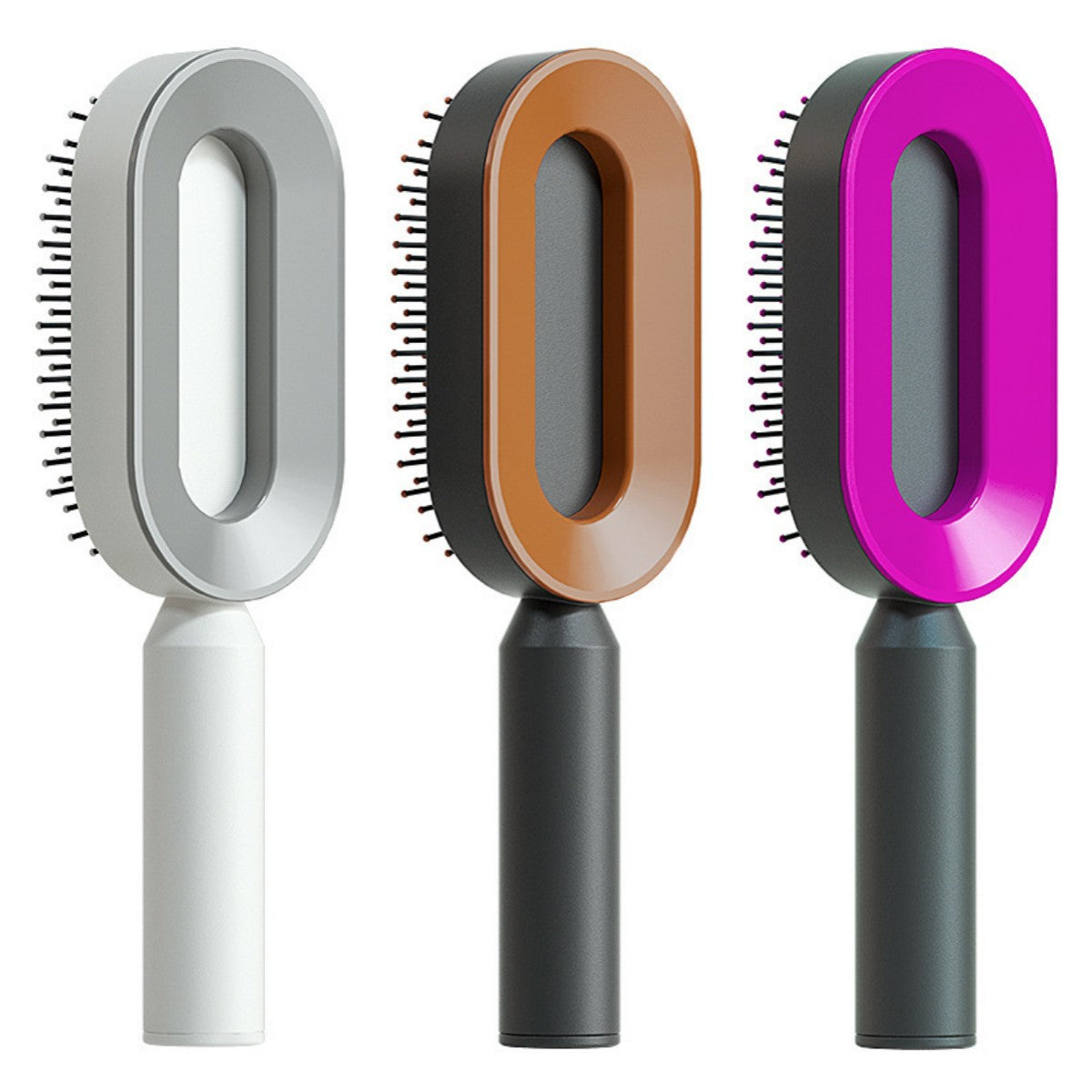 Self-cleaning hair brush with light gray oval comb head and white handle