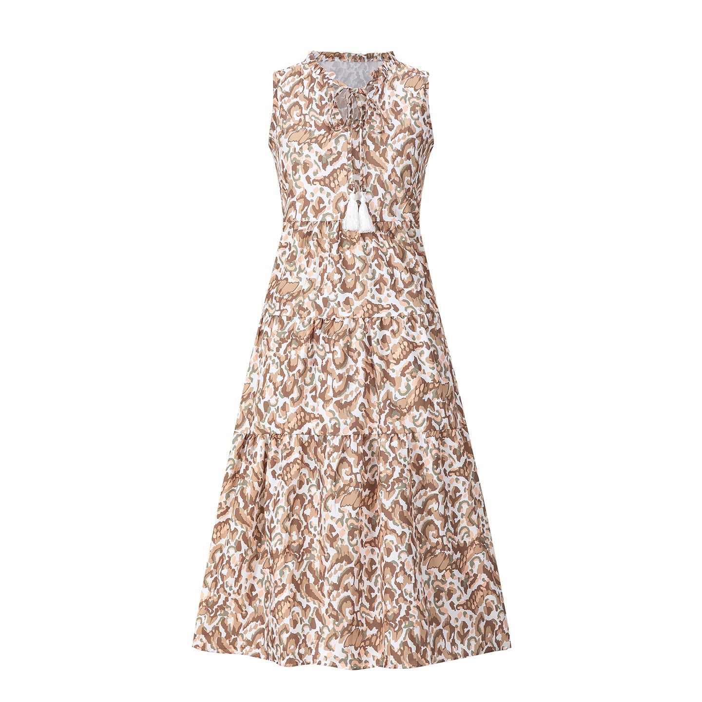 Sleeveless V-neck tassel abstract-print dress, beige and brown tiered midi skirt