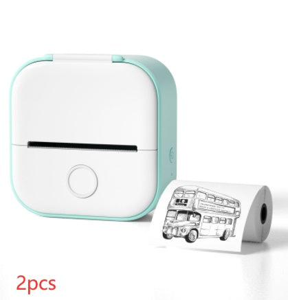 Teal and white mini thermal label printer with paper roll and printed label strip