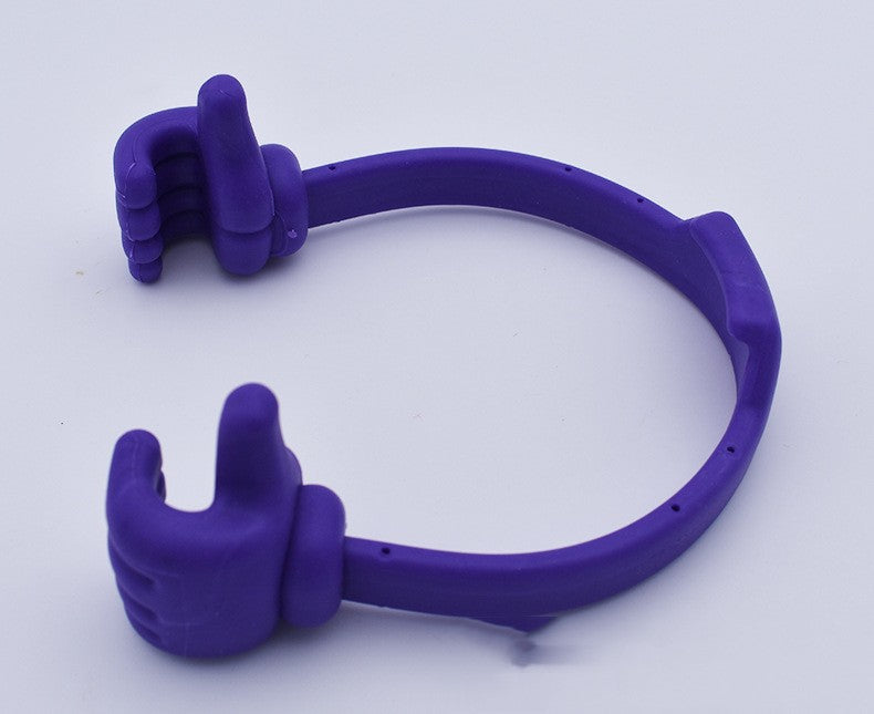 Purple thumb phone and tablet stand with two finger-grip supports along the loop.
