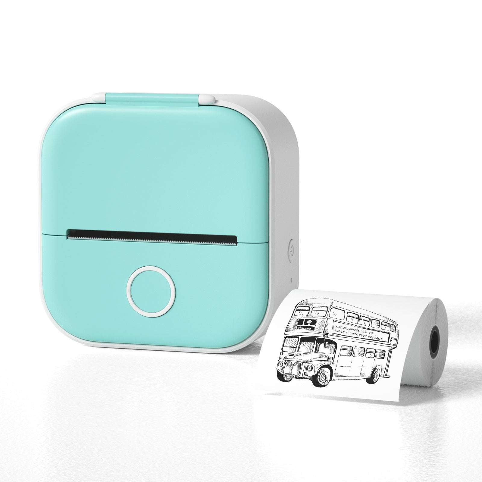 Portable mini thermal label printer, mint teal with label roll and printed label tape