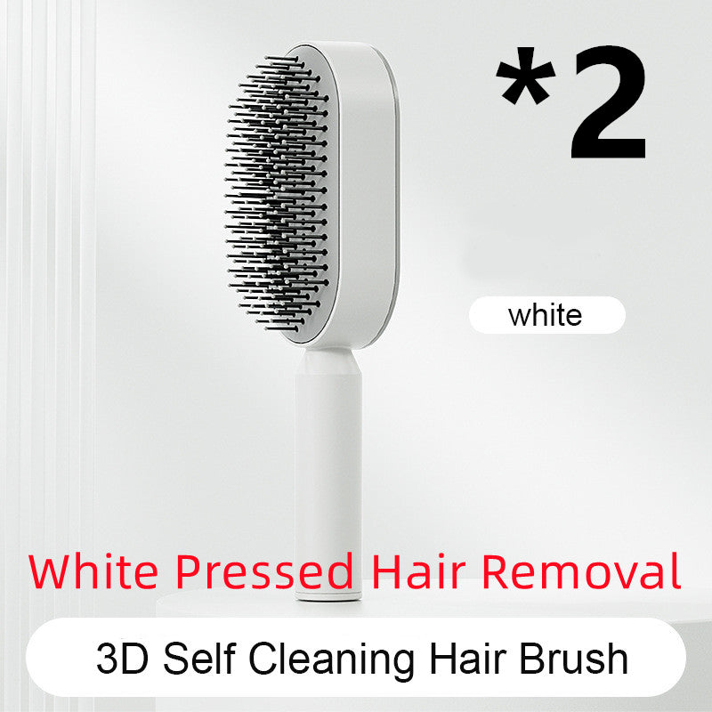 Self-cleaning hair brush with black bristles on white handle and white cleaning base