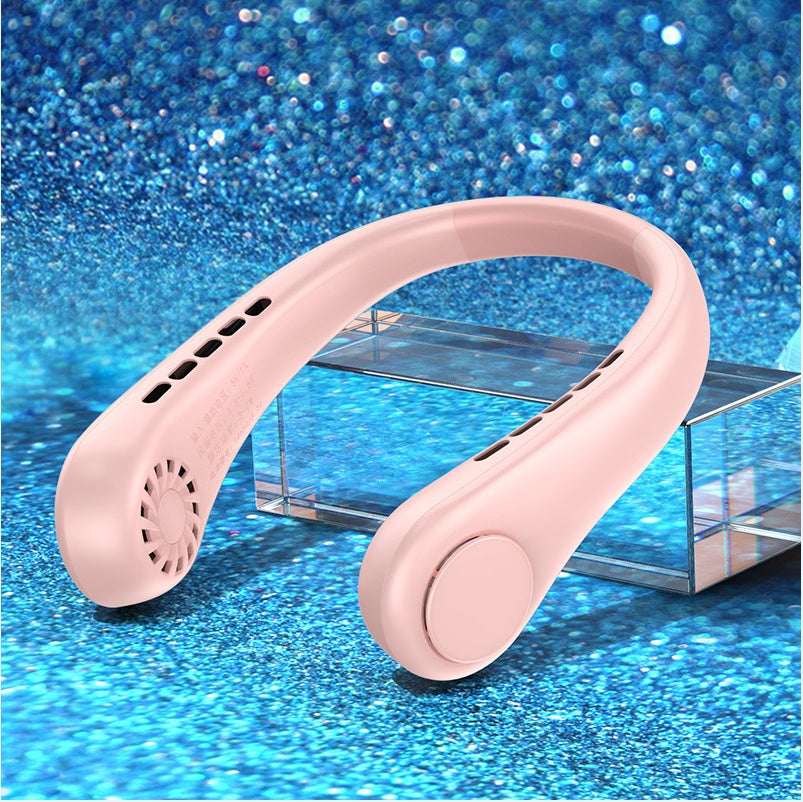 Bladeless portable neck fan in pink with vent openings along the arched neck ring