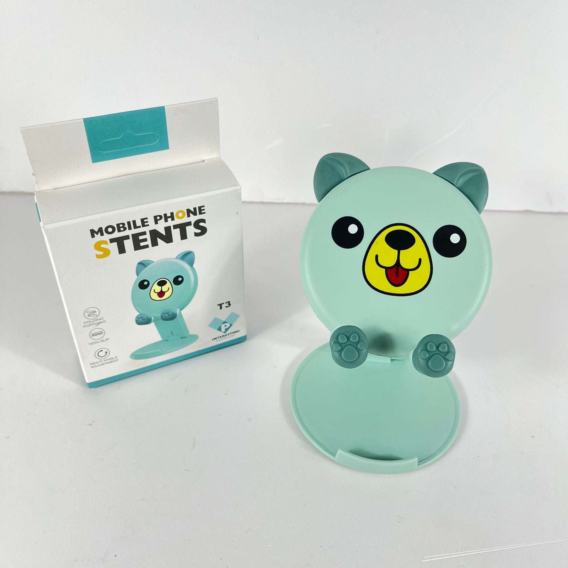 Light mint panda cartoon phone stand with fold-out base and paw grips