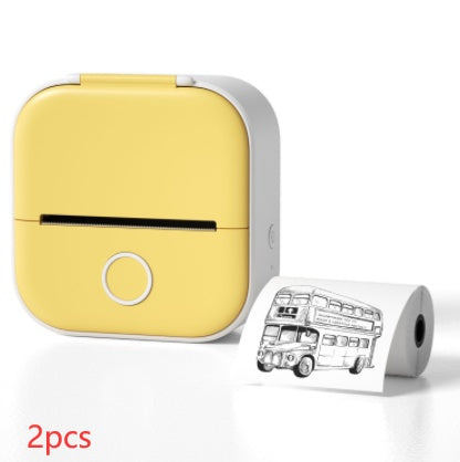Portable mini thermal label printer with 2 rolls, yellow body and adhesive sticker roll.