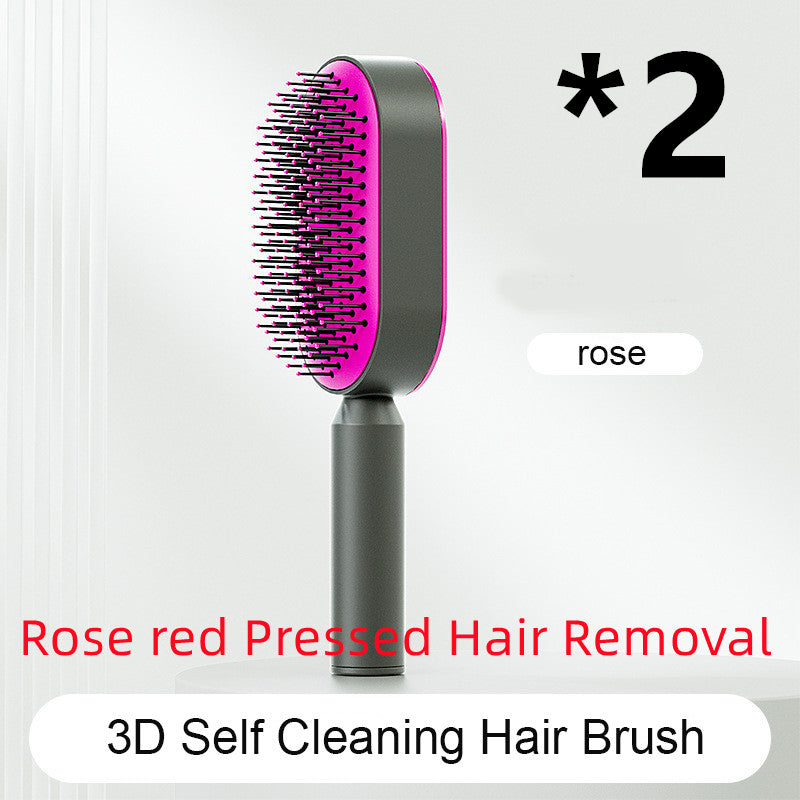 Self-cleaning hair brush with magenta-tipped bristles on dark handle and magenta base