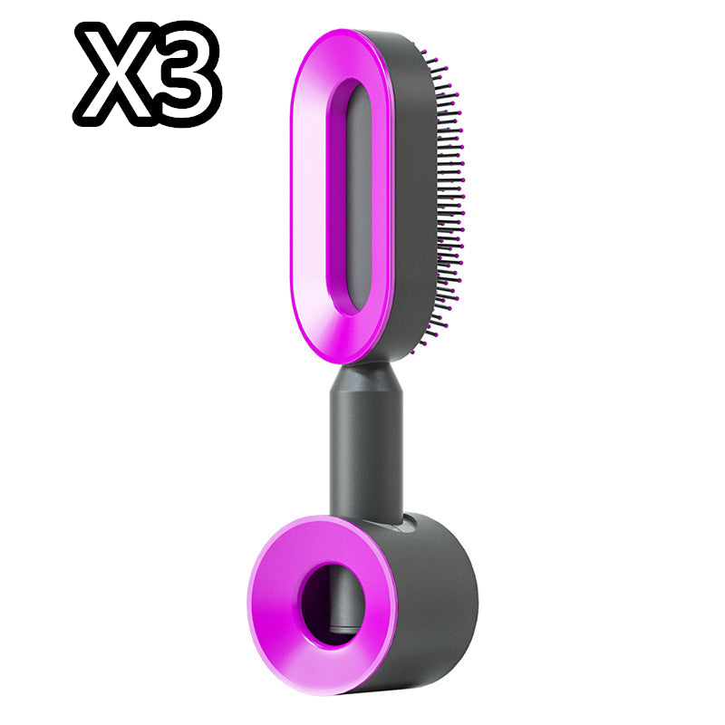 Self-cleaning hair brush with oval bristle pad in purple and gray base, dark handle