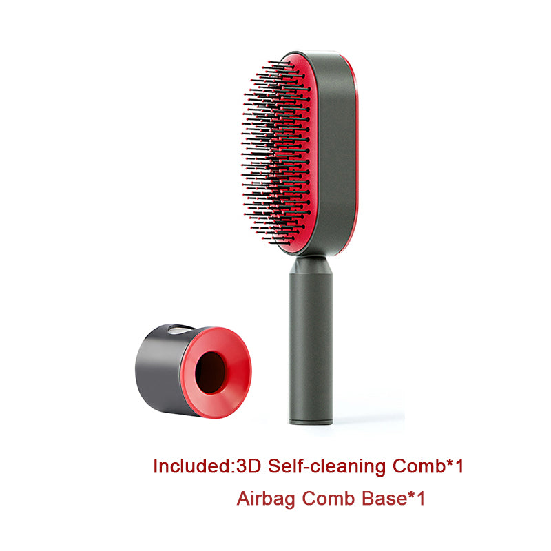 Self-cleaning hair brush with red-tipped bristles and matching red cleaning base