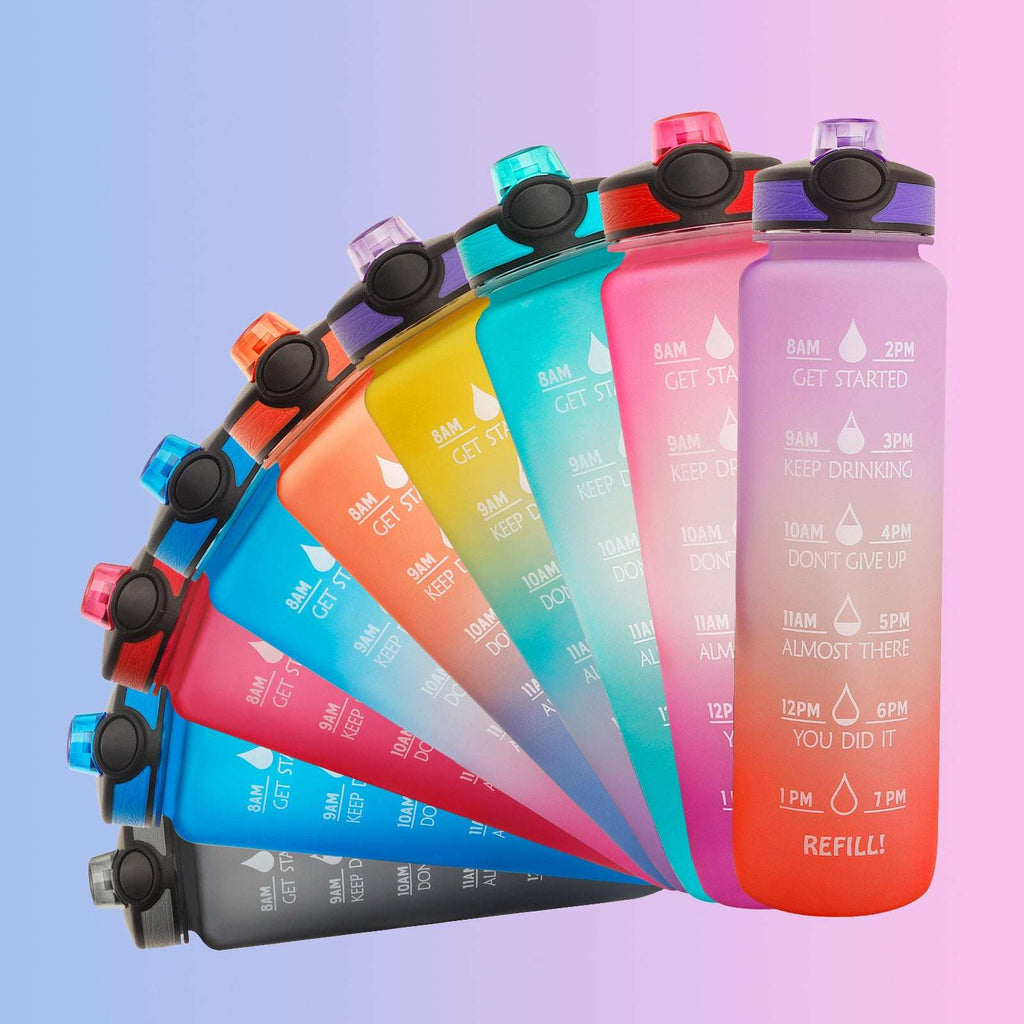 Set of 1L motivational water bottles with time marker, stacked in rainbow colors