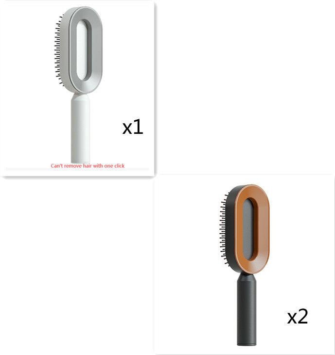 Self-cleaning hair brush with oval bristle pad and white handle, plus tan pad with black handle