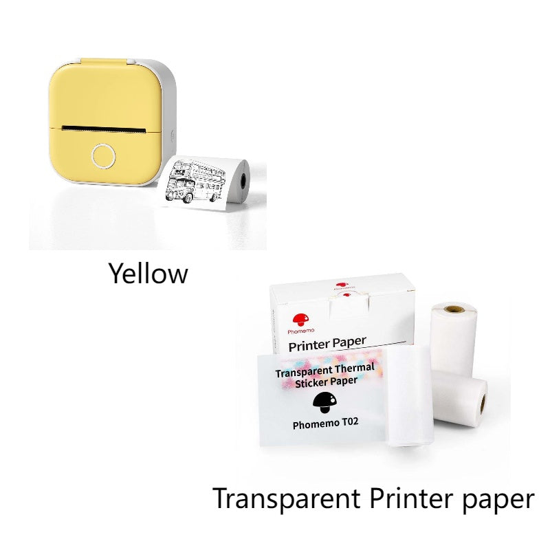 Portable mini thermal label printer with yellow body and transparent printer paper set.